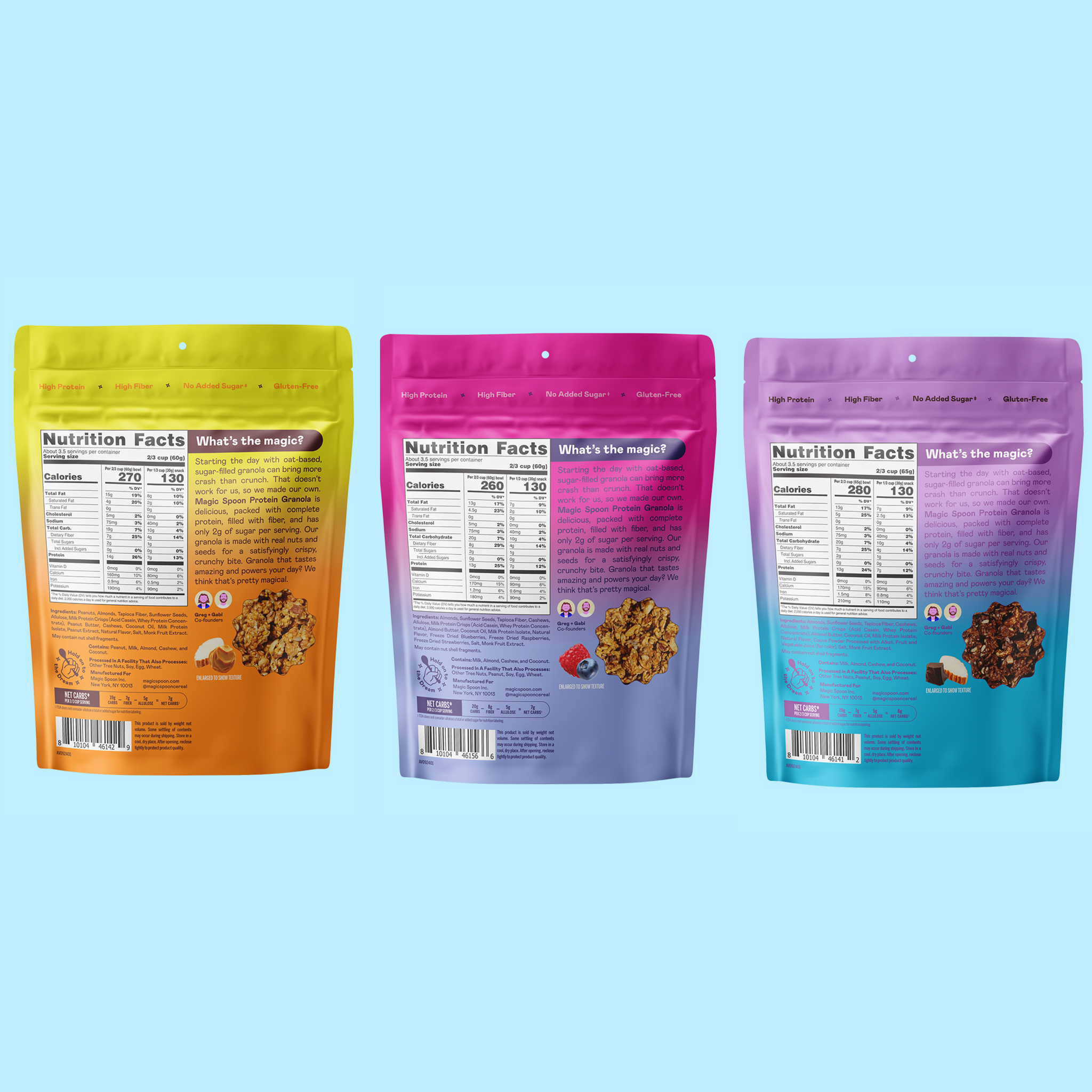 Four resealable granola bags in yellow, pink, and purple gradient colors, each displaying nutrition facts and product informa