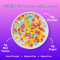 Colorful fruity cereal rings in red, yellow, and blue in white bowl on purple background.