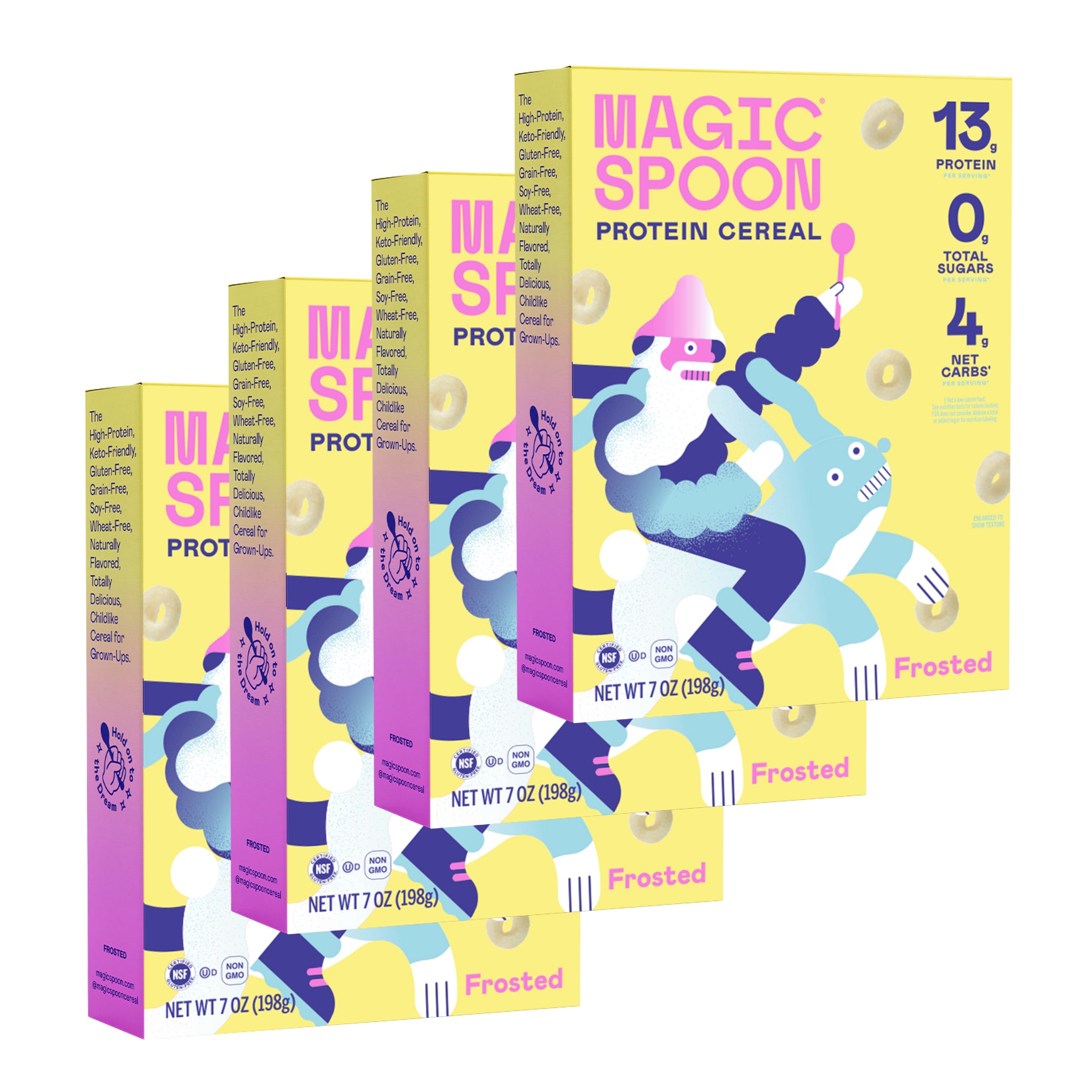 Four yellow Magic Spoon Protein Cereal boxes in Frosted flavor arranged in a cascading display.