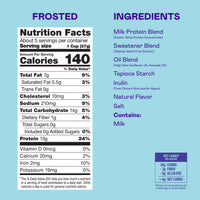 Four boxes of Magic Spoon Frosted protein cereal with nutrition facts and ingredients displayed on light blue background.