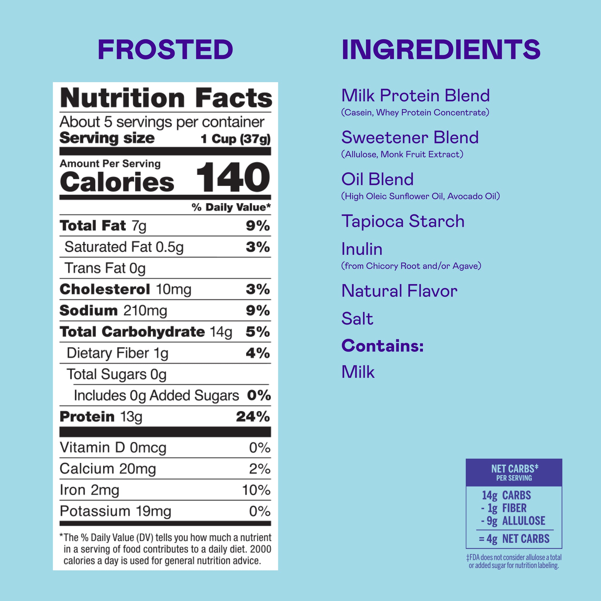 Four boxes of Magic Spoon Frosted protein cereal with nutrition facts and ingredients displayed on light blue background.