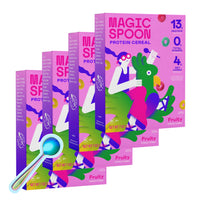 Four pink Magic Spoon Fruity protein cereal boxes with colorful illustrations and a blue spoon with round bowl.