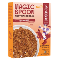Magic Spoon cinnamon crunch cereal box showing brown square cereal pieces in a white bowl with nutritional information.