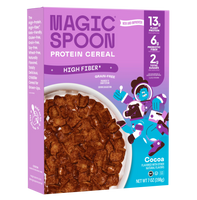 Magic Spoon cocoa fiber protein cereal box with brown flakes in white bowl, 7 oz package.