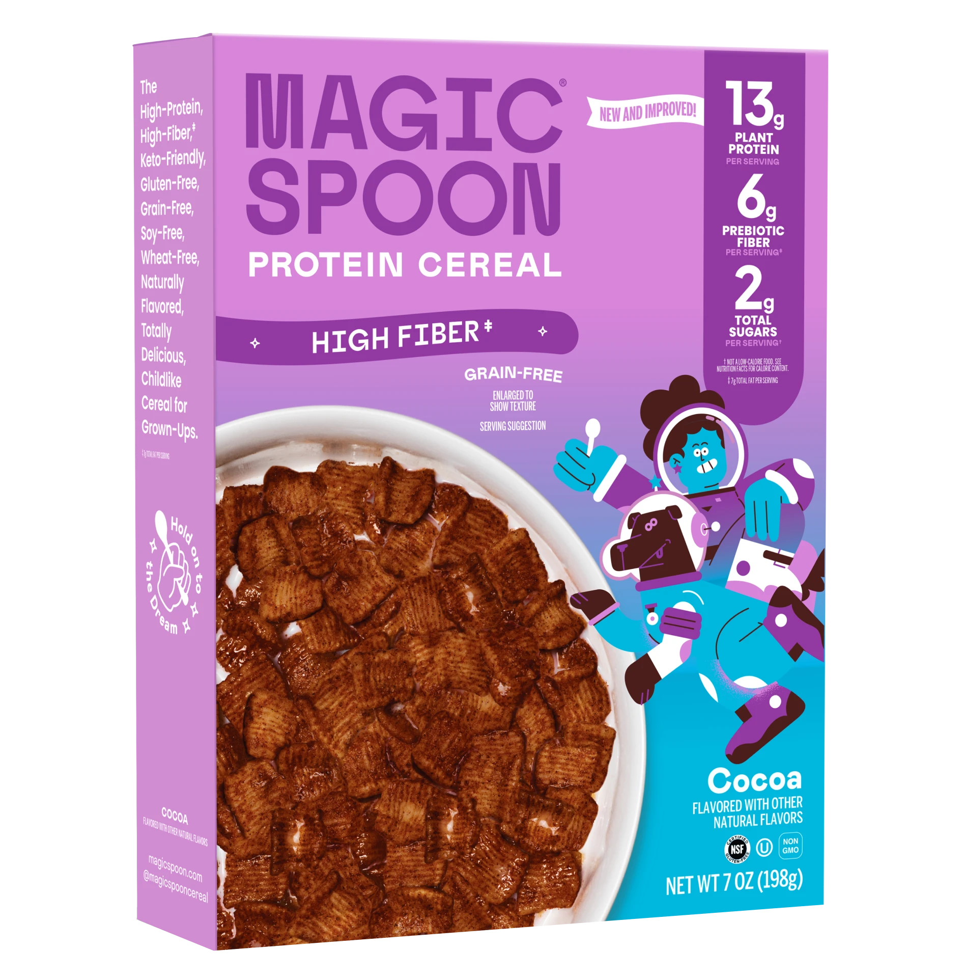 Magic Spoon cocoa fiber protein cereal box with brown flakes in white bowl, 7 oz package.