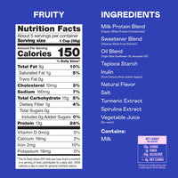 Nutrition facts and ingredients label for Magic Spoon Fruity protein cereal displaying calories, macronutrients, and ingredie
