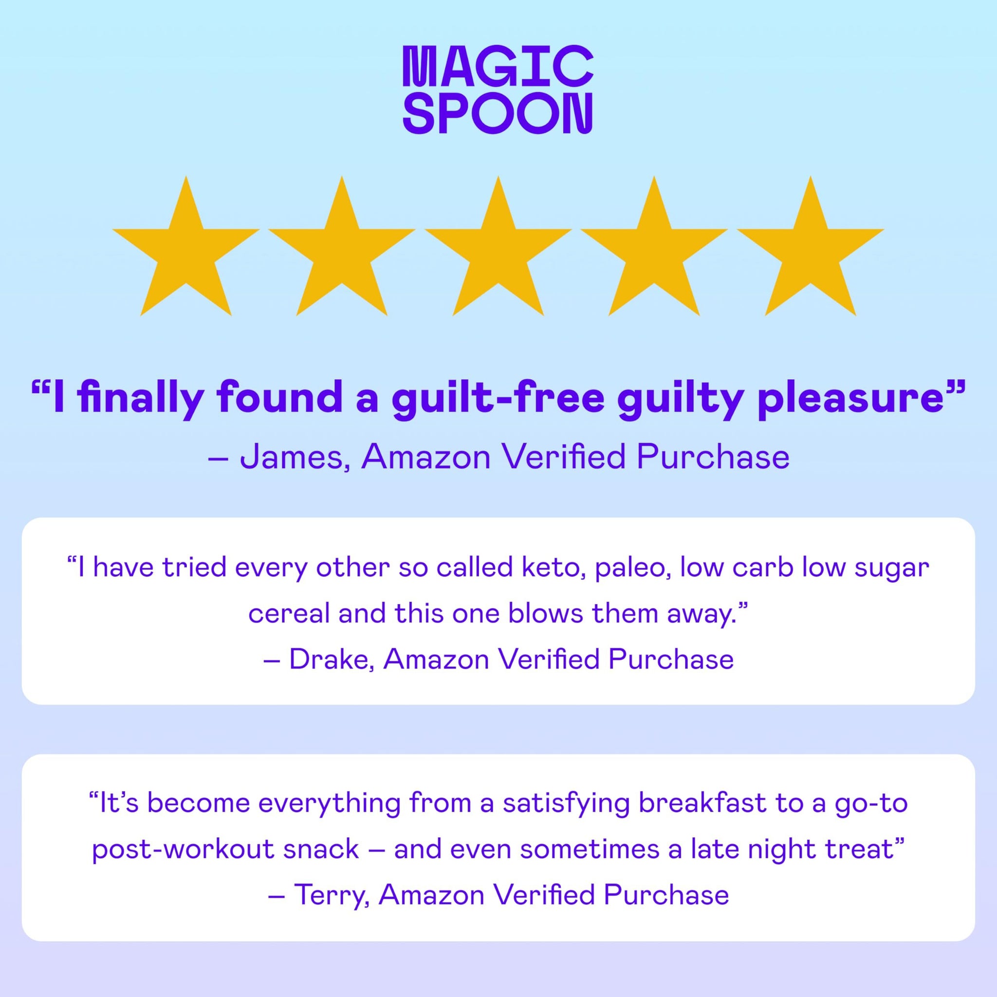 Magic Spoon Fruity 4-pack cereal boxes with purple branding, five gold stars, and customer review quotes on light blue backgr