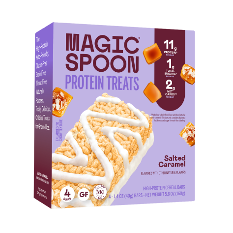 Magic Spoon Salted Caramel Protein Treats box with cereal bar drizzled with white coating and caramel candy pieces.