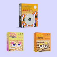 Cereal box bundle including colorful patterned packaging with maze design, marshmallow treats box, and chocolate peanut butte