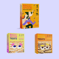 Magic Spoon grain-free cereal boxes in peanut butter flavor and cereal treat boxes in marshmallow and chocolatey peanut butte